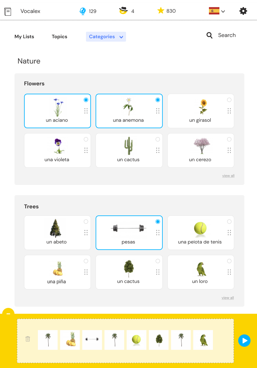 Expanded word selection panel for building a vocabulary list